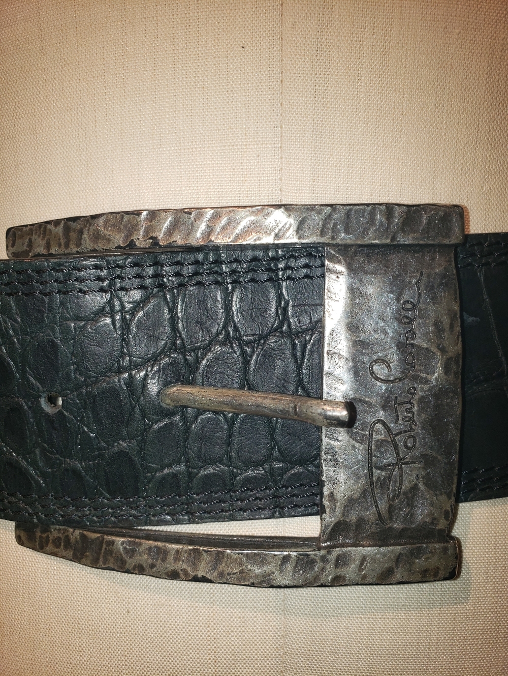 True Vintage Roberto Cavalli Wide Silver Chrome Hammered Huge Buckle Belt Italy